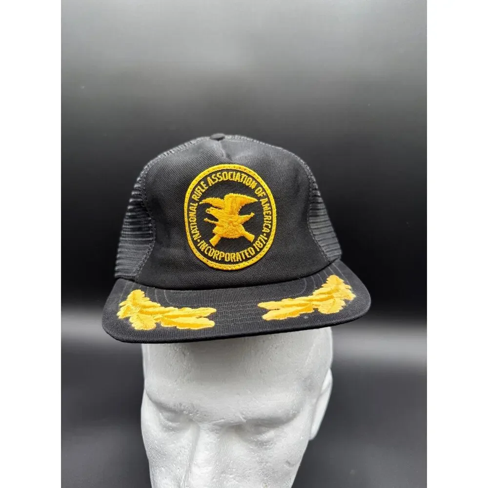 Vintage NRA Hat Black And Gold Trucker Cap Adjustable Snapback‎ USA Made NOS